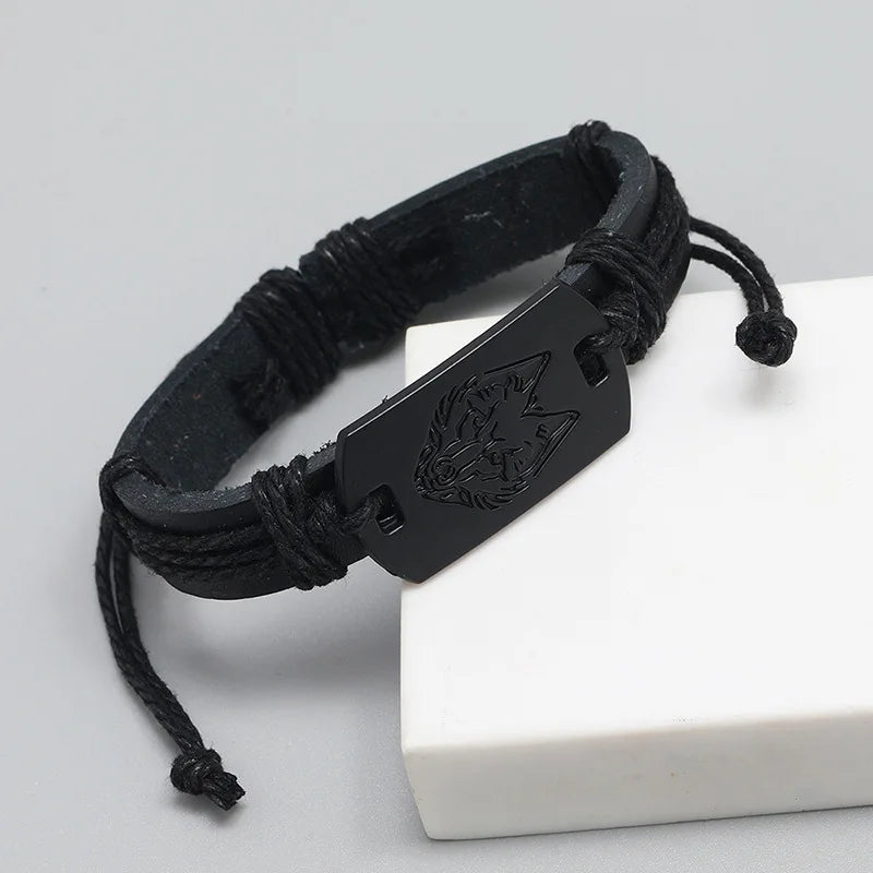 Fashion Vintage Punk Style Men's Leather Bracelet Black Wolf Head Simple Rope Chain Hand Woven Leather Bracelets Accessory