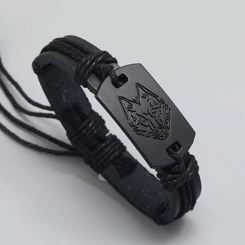 Fashion Vintage Punk Style Men's Leather Bracelet Black Wolf Head Simple Rope Chain Hand Woven Leather Bracelets Accessory