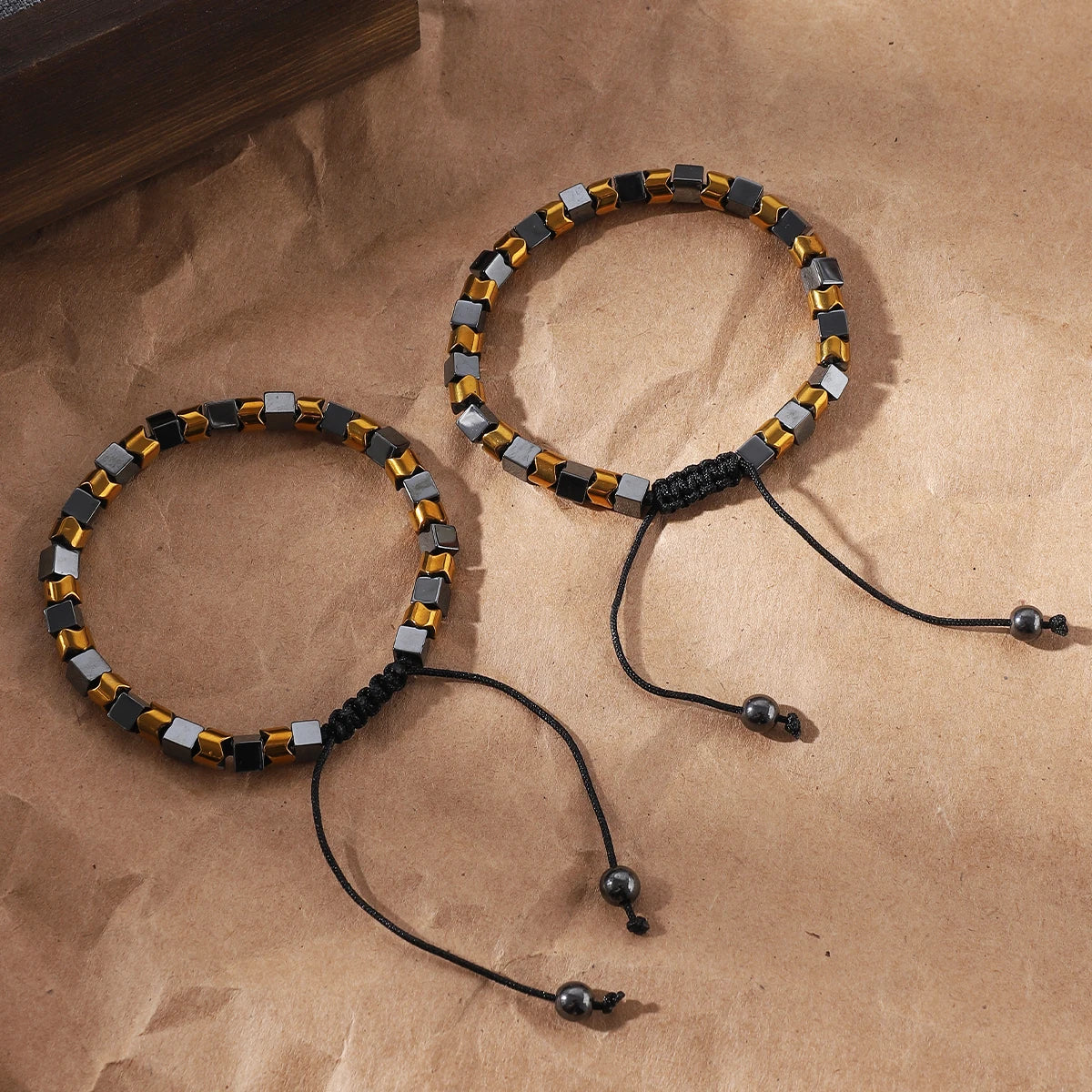 Men's black hematite bead woven bracelet with adjustable fitness and weight loss energy stone bracelet
