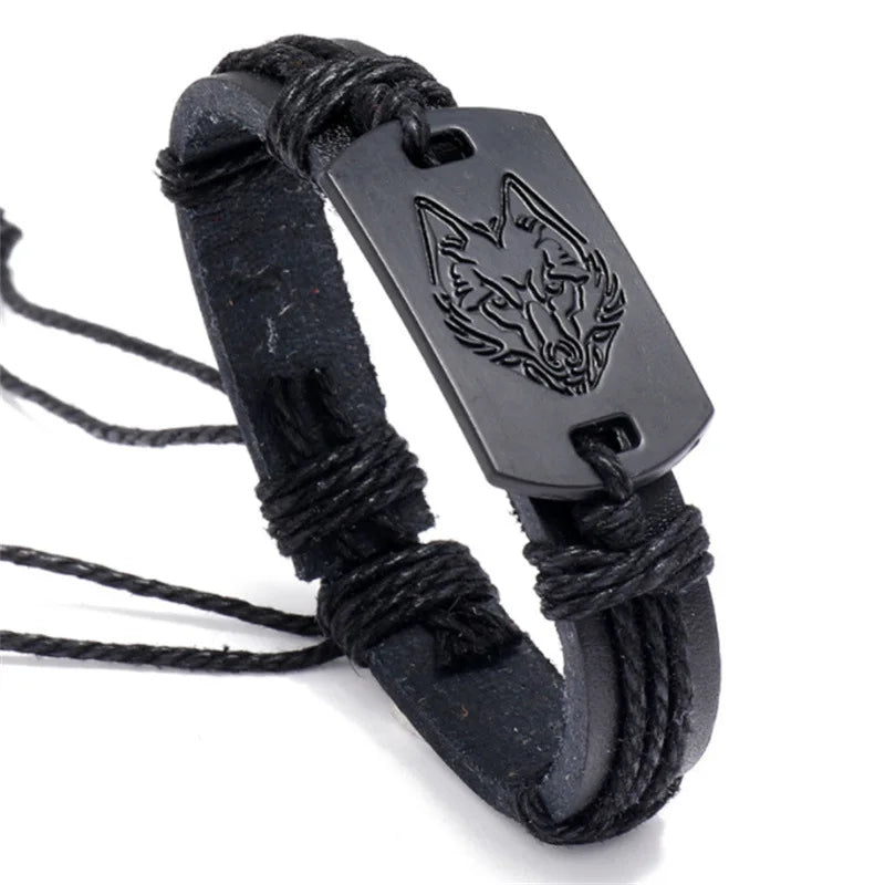 Fashion Vintage Punk Style Men's Leather Bracelet Black Wolf Head Simple Rope Chain Hand Woven Leather Bracelets Accessory