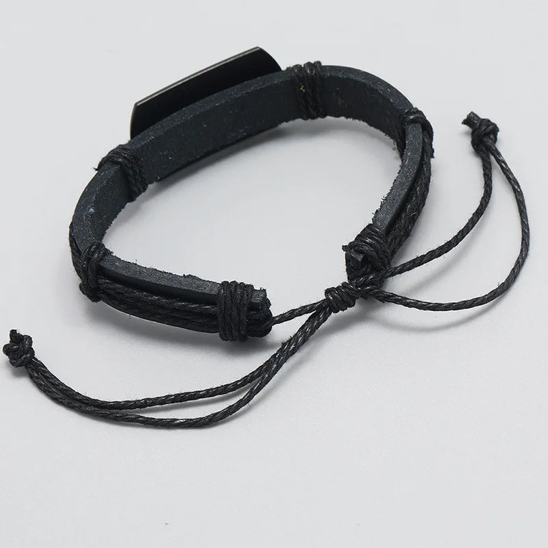Fashion Vintage Punk Style Men's Leather Bracelet Black Wolf Head Simple Rope Chain Hand Woven Leather Bracelets Accessory