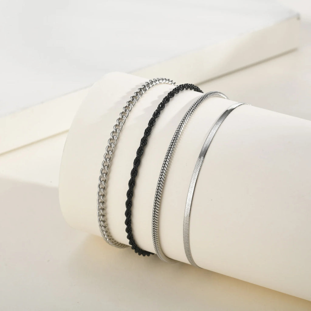 4pcs Men Thin Chain Bracelets,Stainless Steel Twisted Rope Cuban Chain Wristband,Hip Hop Stylish Jewelry Gift