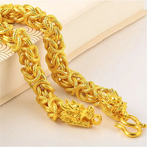 24K pure gold hollowed-out men's bracelet, double dragon head men's bracelet, gold jewelry