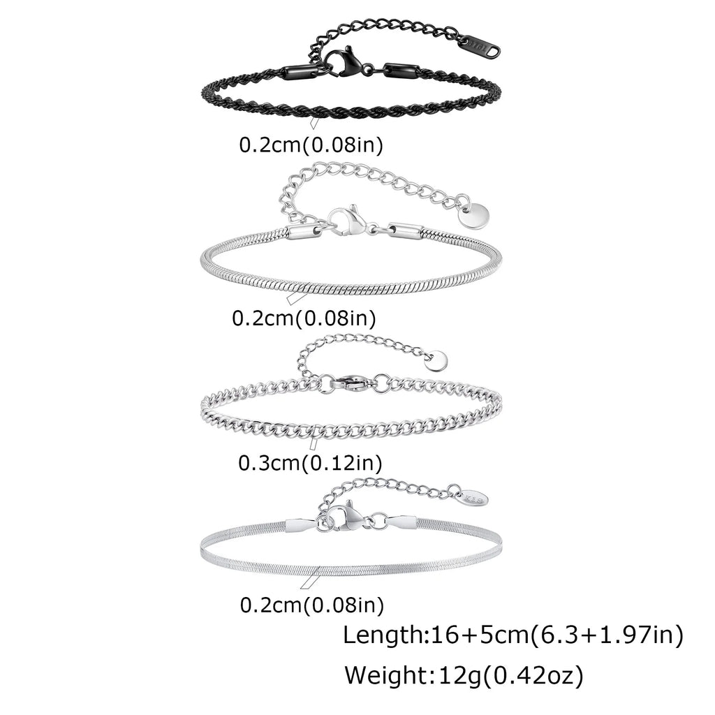 4pcs Men Thin Chain Bracelets,Stainless Steel Twisted Rope Cuban Chain Wristband,Hip Hop Stylish Jewelry Gift