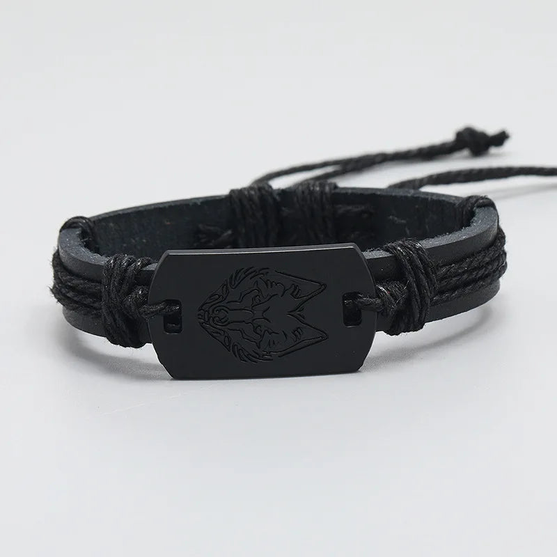 Fashion Vintage Punk Style Men's Leather Bracelet Black Wolf Head Simple Rope Chain Hand Woven Leather Bracelets Accessory