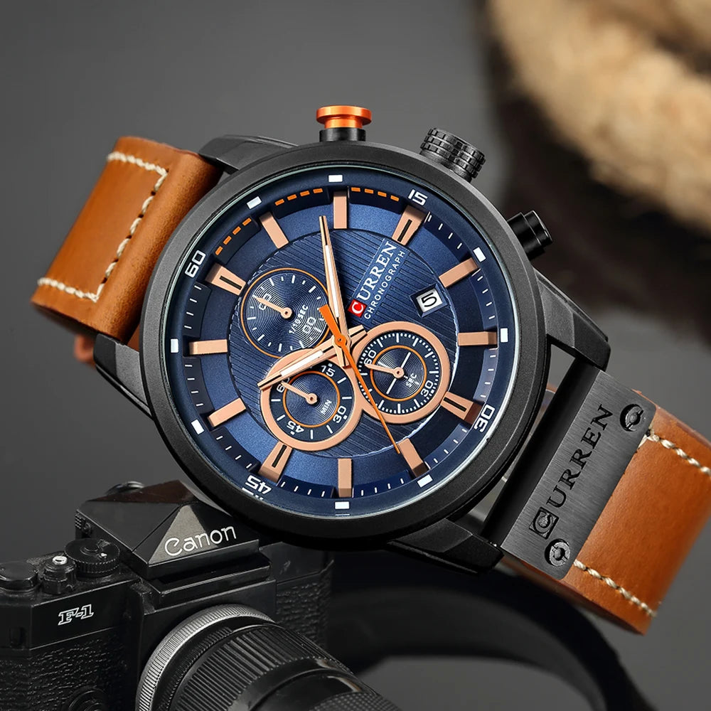 CURREN 8291 Mens Quartz Chronograph Watch Casual Leather Military Sport Fashion Gentleman Wristwatch