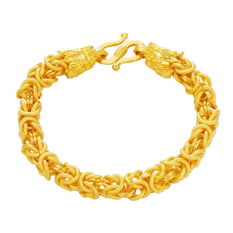 24K pure gold hollowed-out men's bracelet, double dragon head men's bracelet, gold jewelry