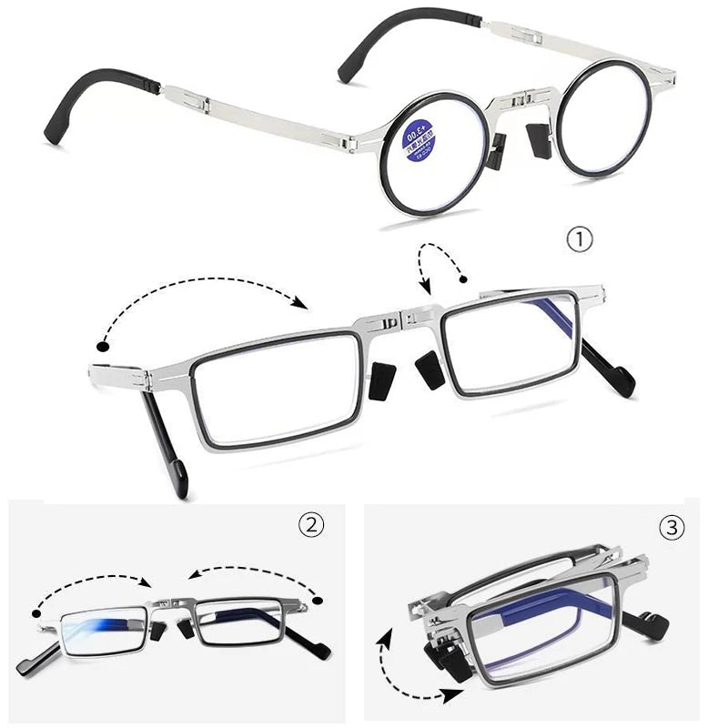 Portable Unisex Folding Reading Glasses Full Metal Frame Anti Blue Light Blocking for Men Women Presbyopia Eyeglasses with Case