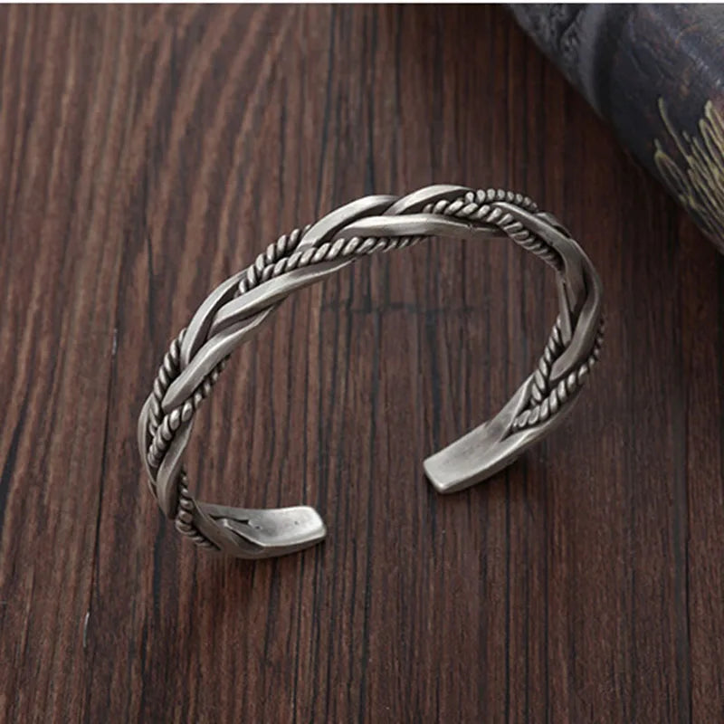 925 Sterling Silver Weave Charm Opening Bangles Bracelets For Women Man Retro Female Fashion Jewelry Accessories Christmas