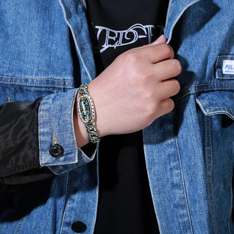 HX New Guochao Men's Bracelet Personality Retro Transfer Rotating Nine Eye Pearl Bracelets High-end Gift Fashion Jewelry