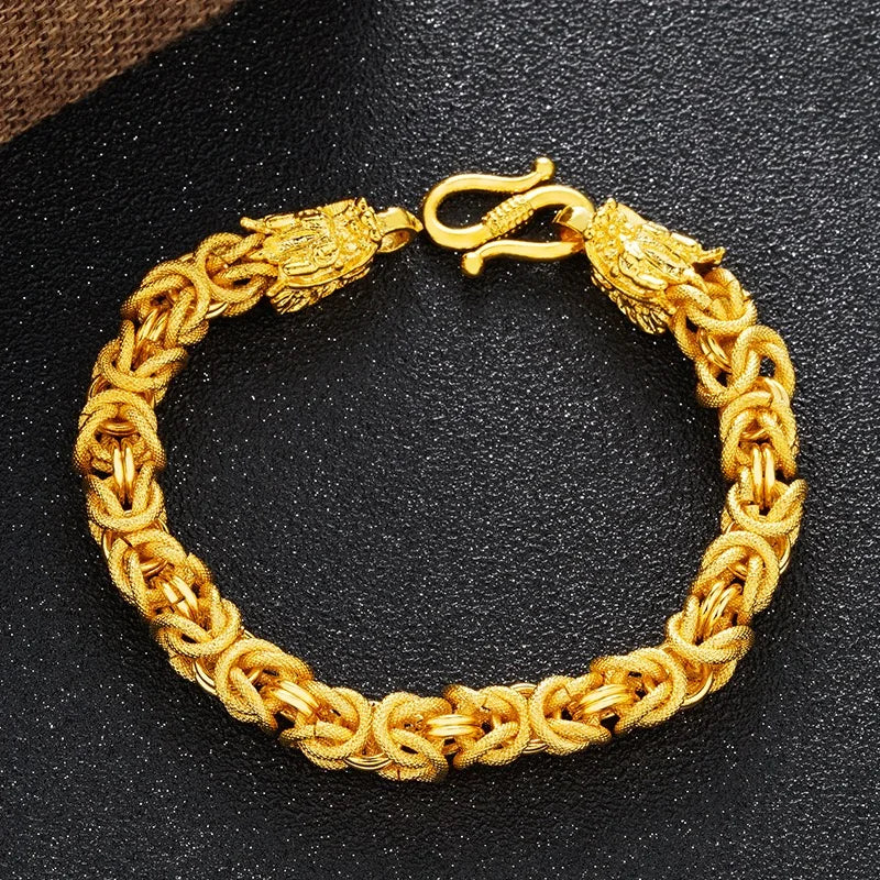 24K pure gold hollowed-out men's bracelet, double dragon head men's bracelet, gold jewelry