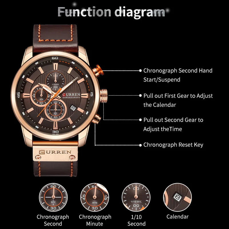 CURREN 8291 Mens Quartz Chronograph Watch Casual Leather Military Sport Fashion Gentleman Wristwatch