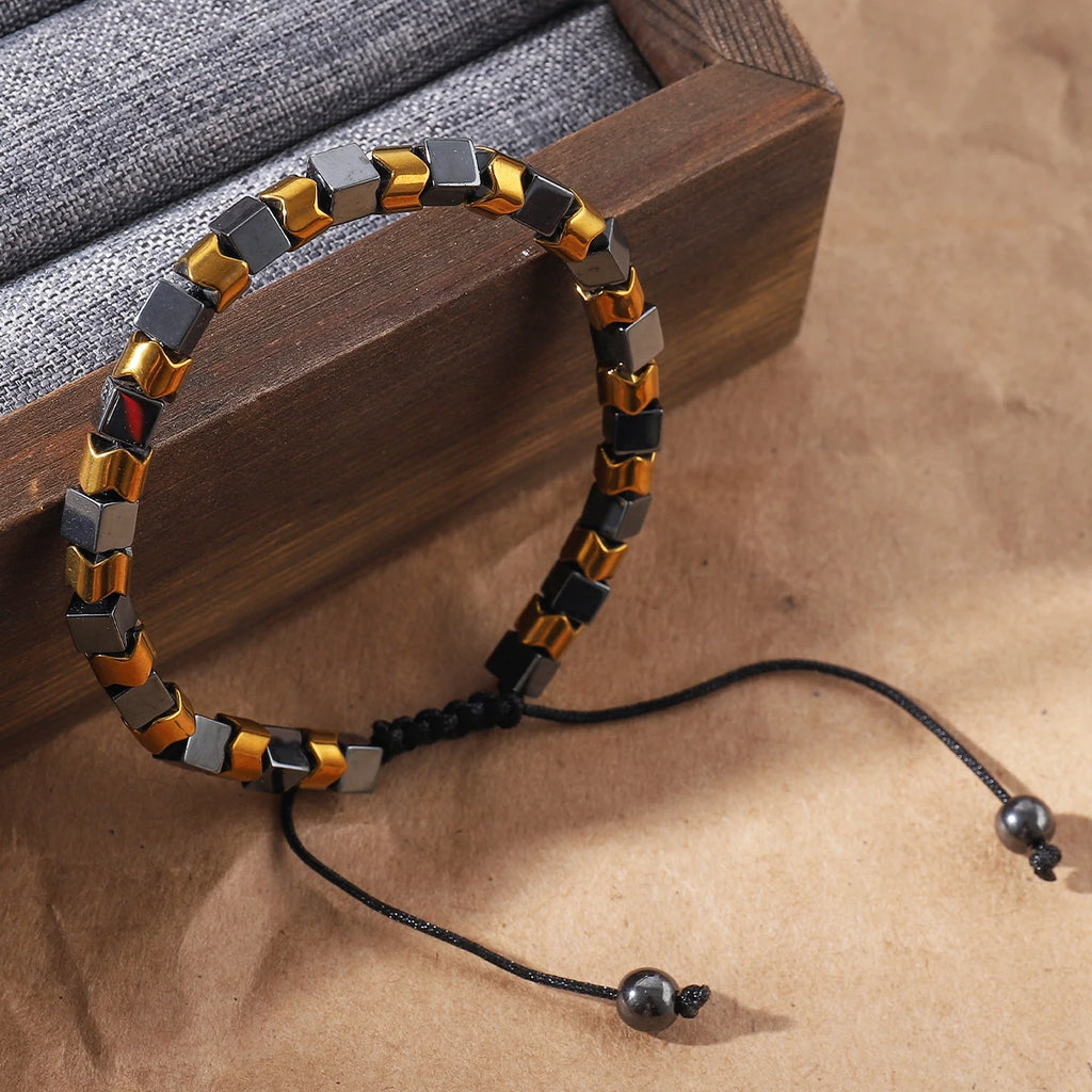 Men's black hematite bead woven bracelet with adjustable fitness and weight loss energy stone bracelet
