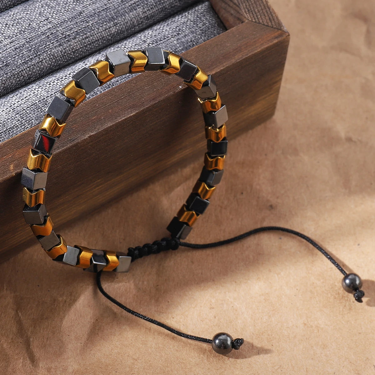 Men's black hematite bead woven bracelet with adjustable fitness and weight loss energy stone bracelet