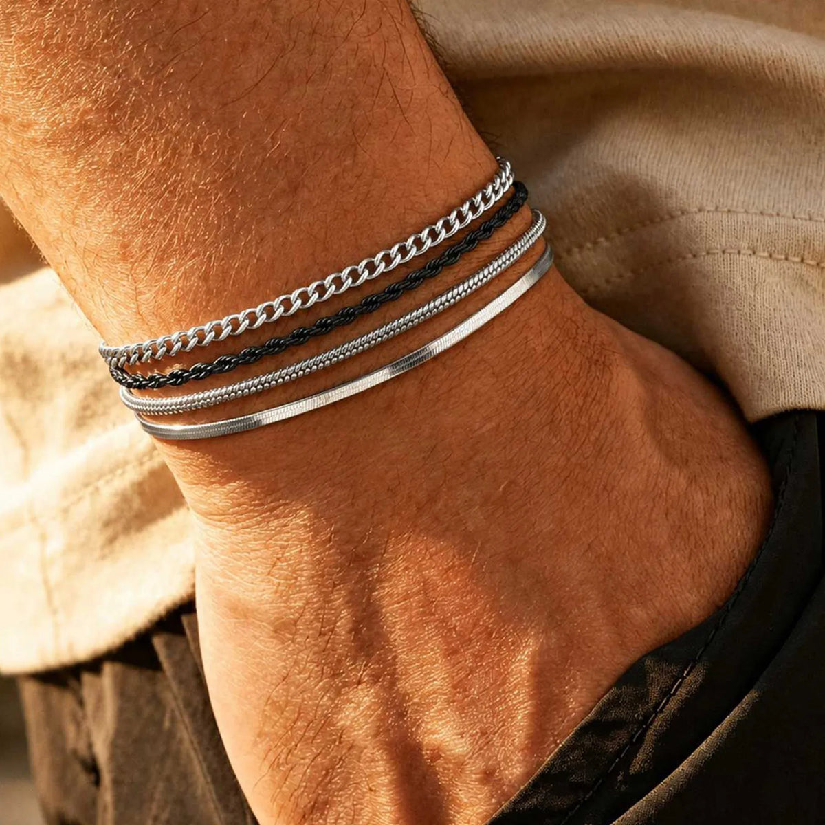 4pcs Men Thin Chain Bracelets,Stainless Steel Twisted Rope Cuban Chain Wristband,Hip Hop Stylish Jewelry Gift