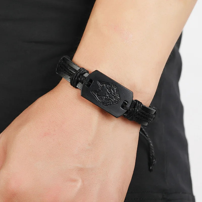 Fashion Vintage Punk Style Men's Leather Bracelet Black Wolf Head Simple Rope Chain Hand Woven Leather Bracelets Accessory