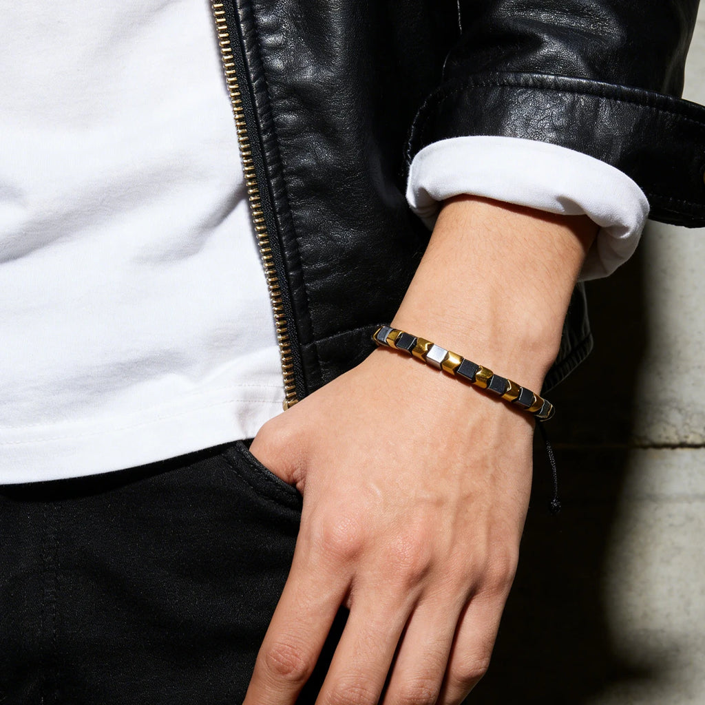 Men's black hematite bead woven bracelet with adjustable fitness and weight loss energy stone bracelet