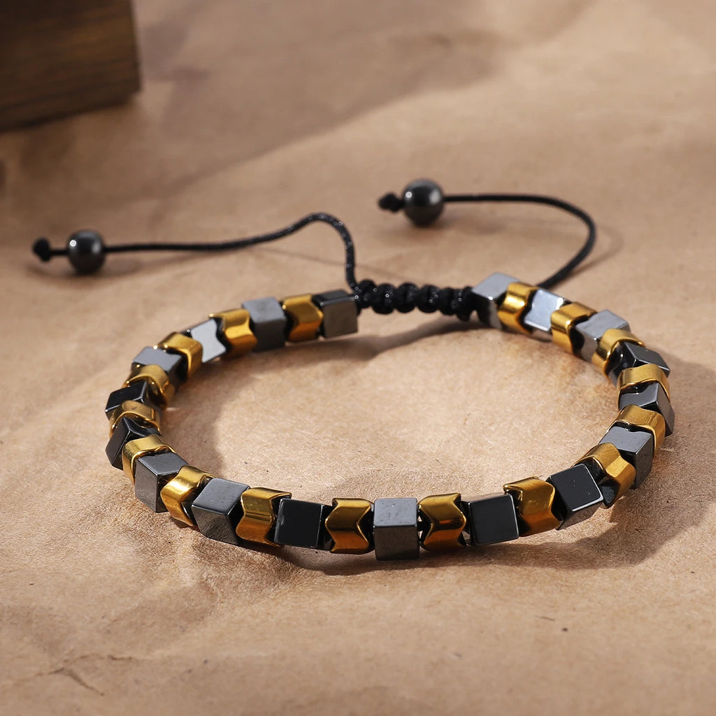 Men's black hematite bead woven bracelet with adjustable fitness and weight loss energy stone bracelet