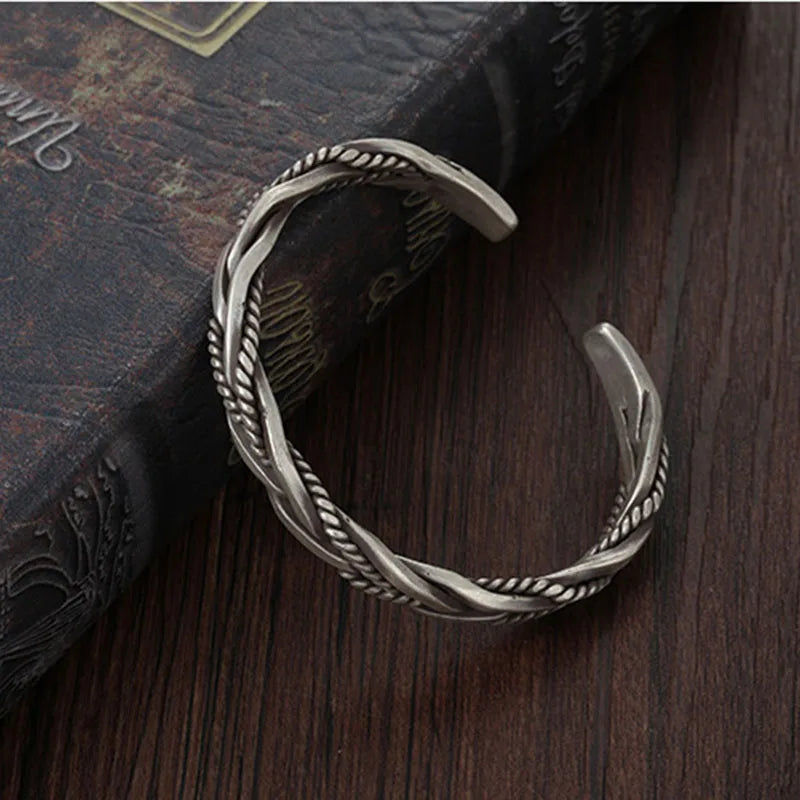 925 Sterling Silver Weave Charm Opening Bangles Bracelets For Women Man Retro Female Fashion Jewelry Accessories Christmas