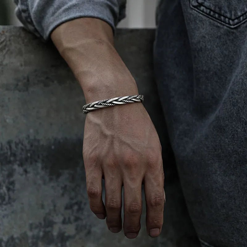925 Sterling Silver Weave Charm Opening Bangles Bracelets For Women Man Retro Female Fashion Jewelry Accessories Christmas