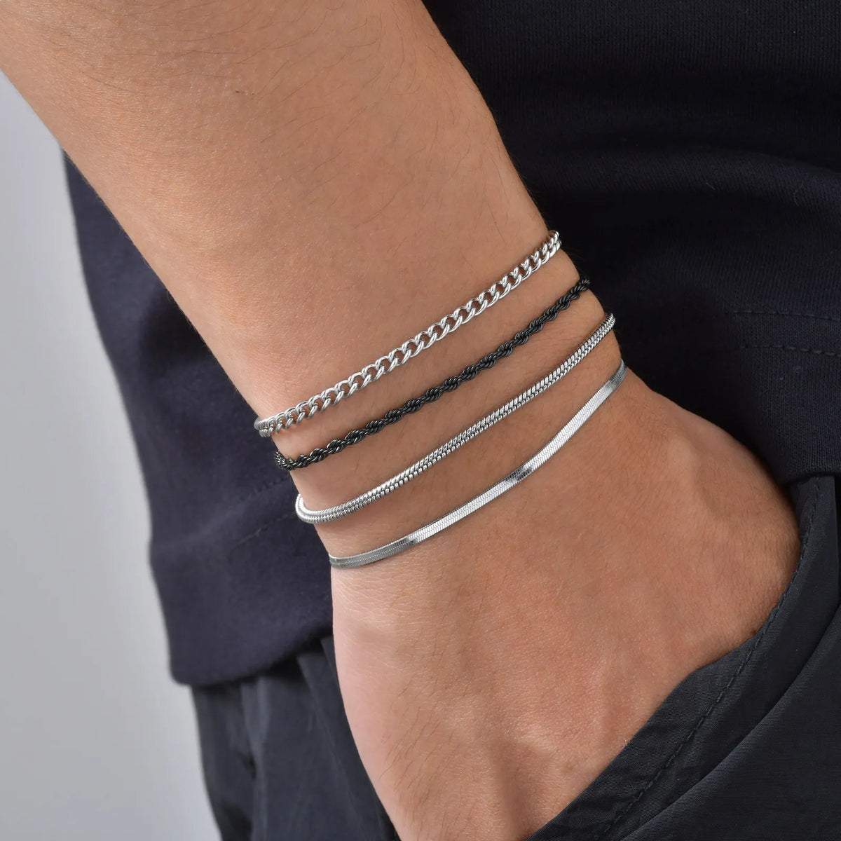 4pcs Men Thin Chain Bracelets,Stainless Steel Twisted Rope Cuban Chain Wristband,Hip Hop Stylish Jewelry Gift